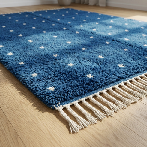 Vibrant Moroccan Rug – Plush Shaggy Wool Rug with Electric Blue & White Polka Dot Pattern