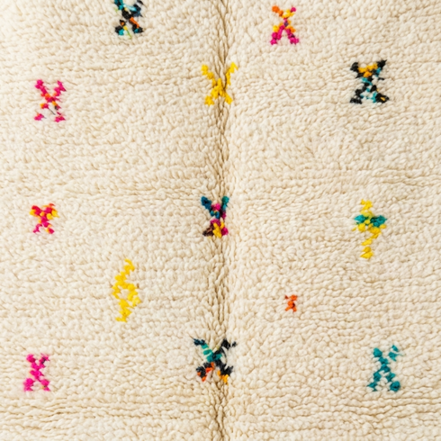 Handmade Azilal Rug - Plush High Pile Wool - Boho Living Room Decor - Ivory with Vibrant Tribal Symbols