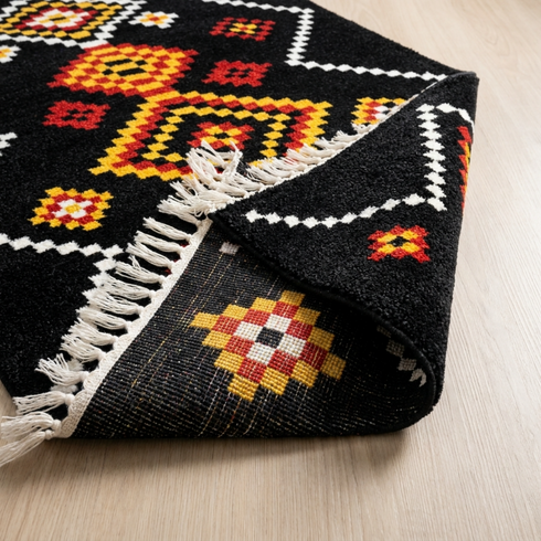 Authentic Handmade Moroccan Rug – Flatweave Wool Rug with Geometric Tribal Design for Boho Living Room Decor