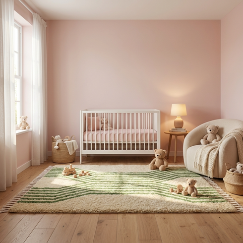 Beni Ourain Rug – Green Plush Striped Wool Rug