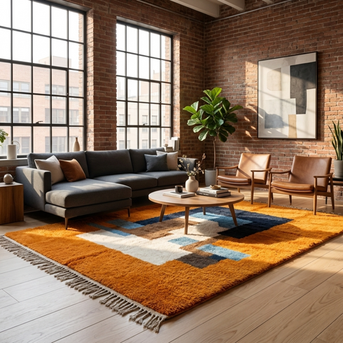 Modern Moroccan Wool Rug – Vibrant Abstract High Pile Area Rug for Boho Living Room Decor