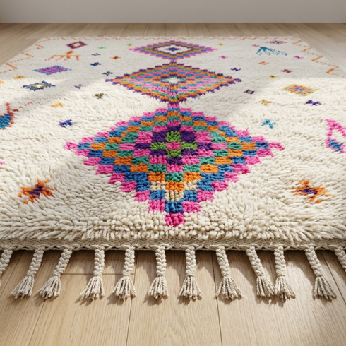 Handmade Azilal Rug - Plush Natural Wool - Vibrant Berber Symbols on Ivory