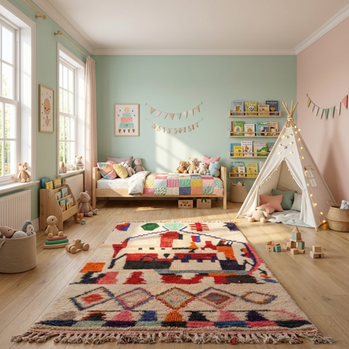 Boujaad Rug – Multicolor Plush Geometric Wool Area Rug