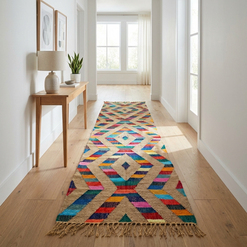 Authentic Handwoven Moroccan Runner Rug – Flatweave Kilim Texture Rug for Boho Hallway Decor