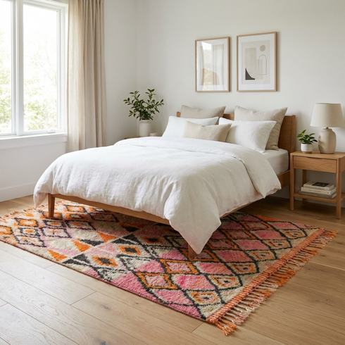 Handmade Boujaad Rug - Plush 100% Wool - Vibrant Boho Living Room Decor - Pink & Orange Geometric Pattern