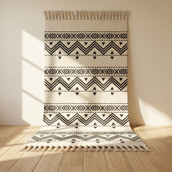Moroccan Kilim Rug – Black & Ivory Flatweave Diamond Wool Area Rug