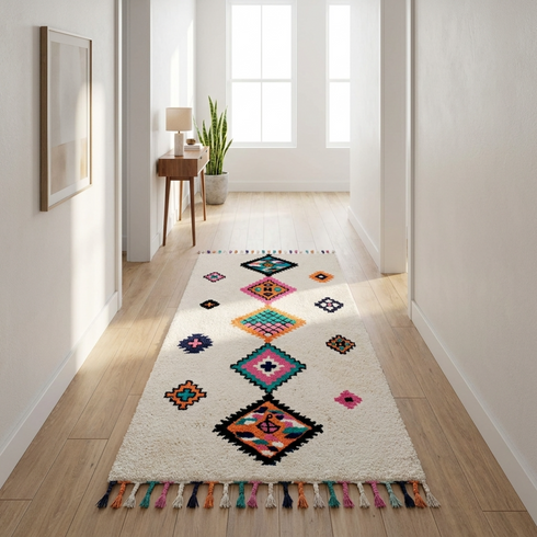 Vibrant Azilal Rug - Shaggy Natural Wool - Boho Living Room Decor - Geometric Tribal Diamonds