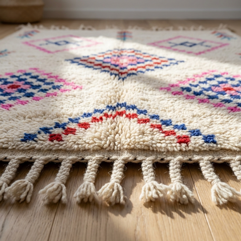 Handmade Azilal Rug - High Pile Natural Wool - Vibrant Geometric Boho Living Room Decor