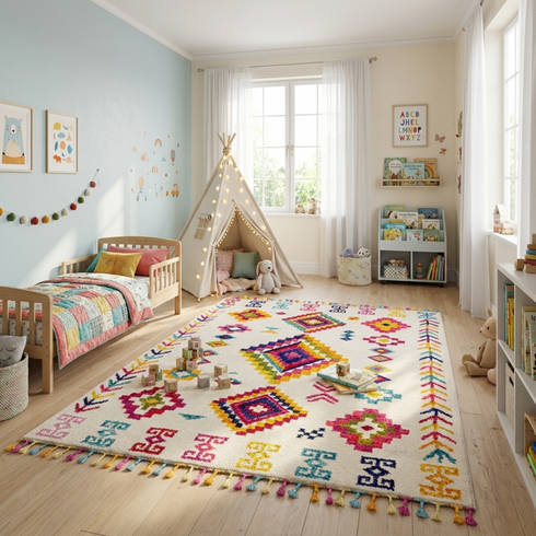 Handmade Azilal Rug - Vibrant 100% Wool - Geometric Boho Living Room Decor