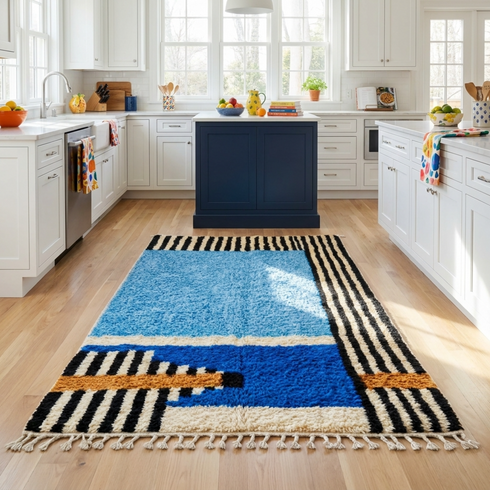 Authentic Moroccan Rug – High Pile Shaggy Wool Area Rug with Vibrant Abstract Design for Modern Interiors