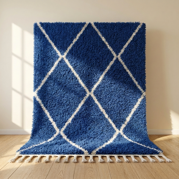 Beni Ourain Rug – Blue Plush Geometric Wool Area Rug