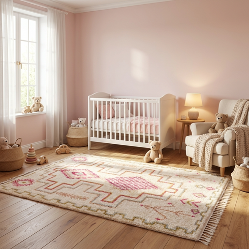 Handmade Azilal Rug - Shaggy Natural Wool - Vibrant Boho Living Room Decor - Pink Geometric Pattern