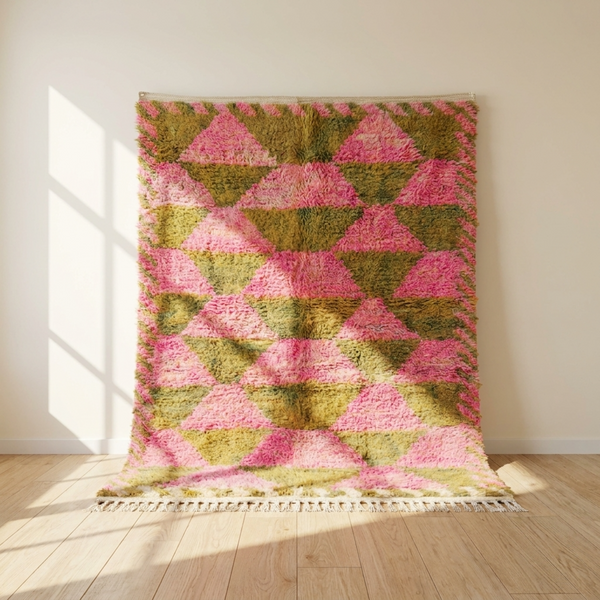 Boujaad Rug – Pink & Olive Shaggy Diamond Wool Rug
