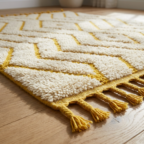 Modern Moroccan Berber Rug – Soft High Pile Wool Rug with Geometric Yellow Pattern