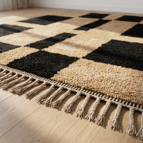 Moroccan Berber Rug – Black & Cream Plush Checkered Wool Area Rug