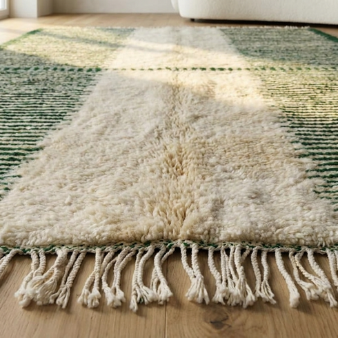 Authentic Moroccan Berber Rug – High Pile Natural Wool Area Rug with Modern Geometric Pattern for Living Room Decor