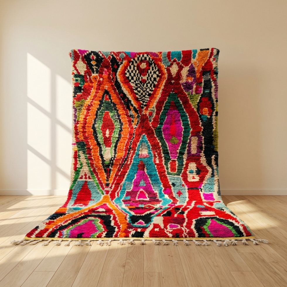 Beni Ourain Rug – Multicolor High-Pile Diamond Wool Area Rug