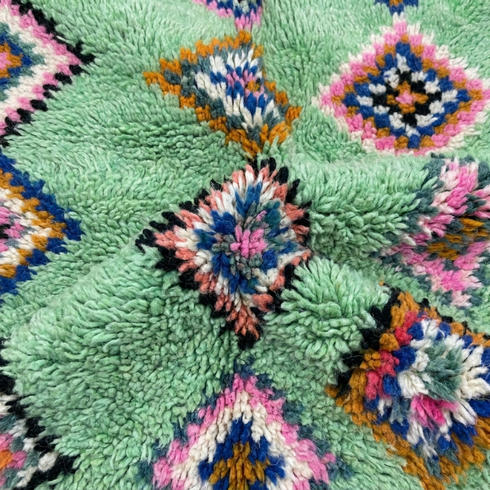 Handmade Azilal Moroccan Rug – Vibrant Shaggy Wool Rug with Sage Green Tribal Diamond Design