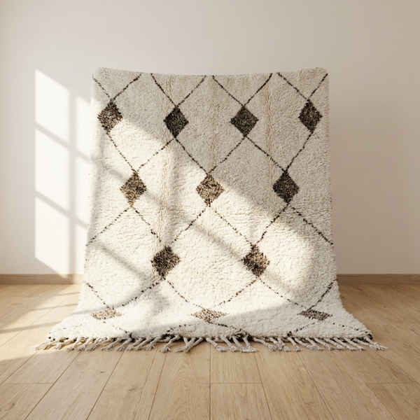 Beni Ourain Rug – Ivory High-Pile Diamond Wool Rug