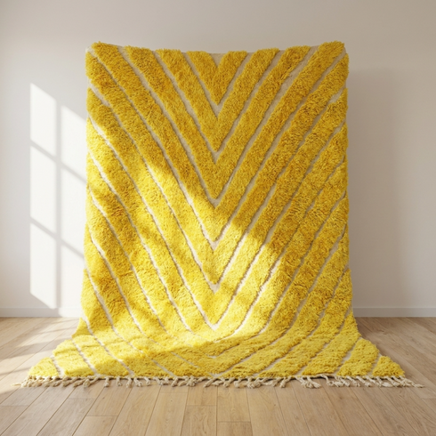 Vibrant Moroccan Wool Rug – High Pile 100% Wool Rug with Yellow Chevron Boho Design