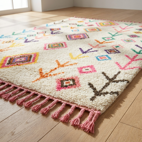 Handmade Azilal Rug - Vibrant 100% Wool - Shaggy Abstract Bohemian Area Rug