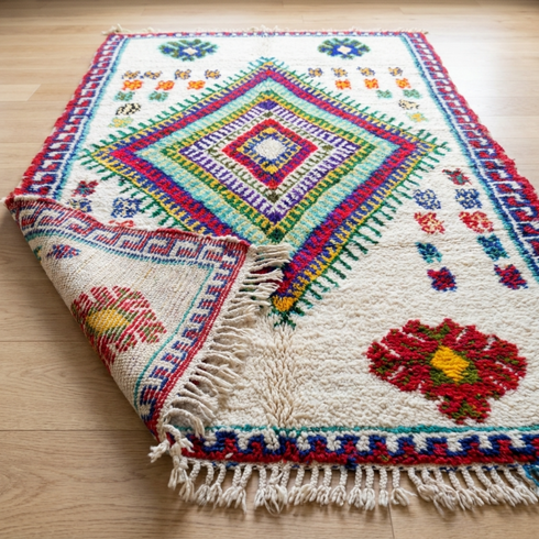 Handmade Azilal Rug - Vibrant 100% Wool - Shaggy Boho Area Rug - Colorful Geometric Tribal Motif