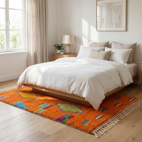 Vibrant Beni Ourain Rug - Bold Orange Geometric Boho Decor