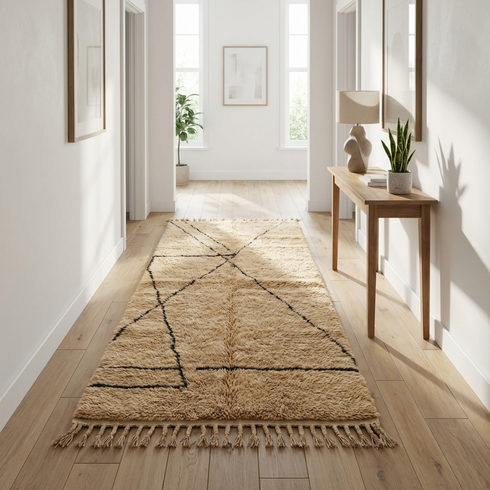 Beni Ourain Rug - High Pile Natural Wool - Abstract Geometric Pattern