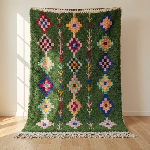Handmade Green Rug - Colorful Geometric Carpet