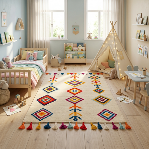 Authentic Handmade Moroccan Kilim Rug – Flatweave Wool Rug with Colorful Geometric Tribal Patterns