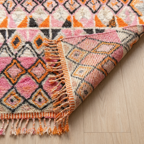 Handmade Boujaad Rug - Plush 100% Wool - Vibrant Boho Living Room Decor - Pink & Orange Geometric Pattern