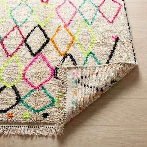 Authentic Handmade Azilal Rug – Plush Shaggy Wool Moroccan Rug with Vibrant Neon Geometric Patterns