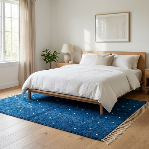 Vibrant Moroccan Rug – Plush Shaggy Wool Rug with Electric Blue & White Polka Dot Pattern