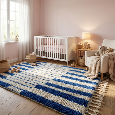 Handmade Azilal Rug – Plush High Pile Wool Rug with Modern Geometric Blue & Ivory Design