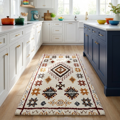 Handmade Azilal Rug - High Pile Natural Wool - Boho Moroccan Living Room Decor - Tribal Geometric Pattern
