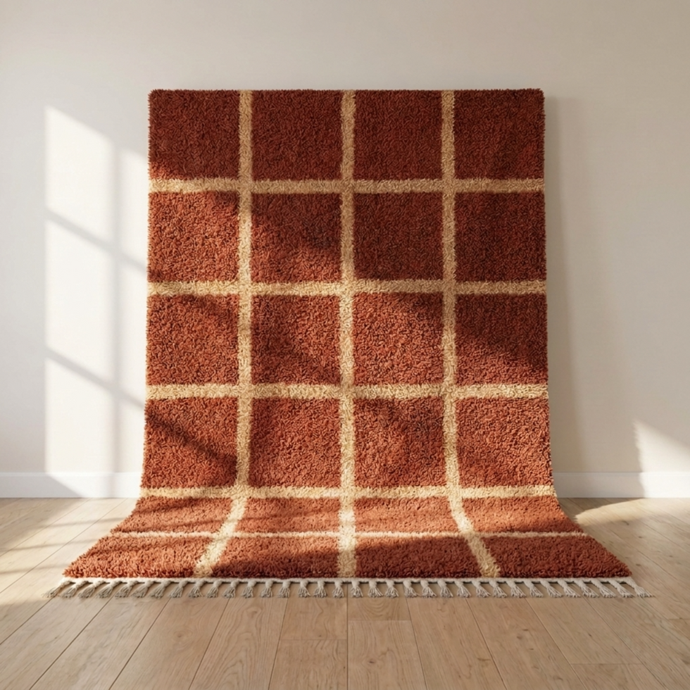 Beni Ourain Rug – Terracotta Plush Geometric Wool Rug