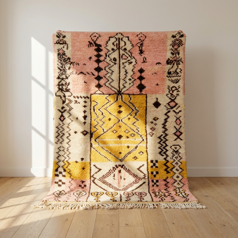 Handmade Boujaad Rug - 100% Natural Wool - Vibrant Bohemian Area Rug - Abstract Tribal Symbols