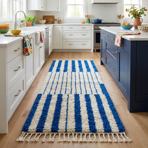 Handmade Azilal Rug – Plush High Pile Wool Rug with Modern Geometric Blue & Ivory Design