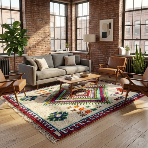 Handmade Azilal Rug - Vibrant 100% Wool - Shaggy Boho Area Rug - Colorful Geometric Tribal Motif