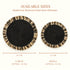 Black woven raffia fringe placemats size guide: Large 30 cm and Small 23 cm diameter, handmade in Morocco