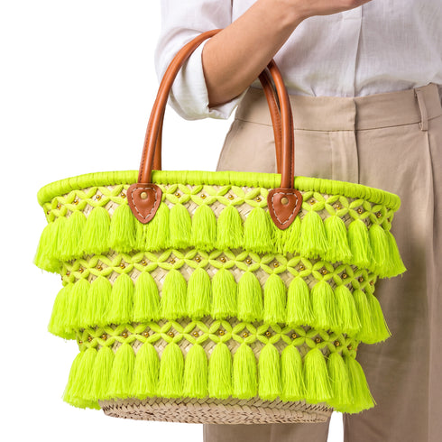 Moroccan Straw Beach Bag – Beige Tassel Tote with Leather Handles