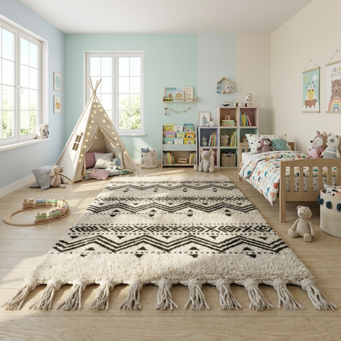 Moroccan Kilim Rug – Black & Ivory Flatweave Diamond Wool Area Rug