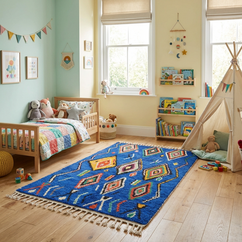 Handmade Blue Moroccan Wool Rug – Custom Berber Area Rug