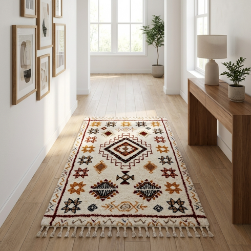 Handmade Azilal Rug - High Pile Natural Wool - Boho Moroccan Living Room Decor - Tribal Geometric Pattern