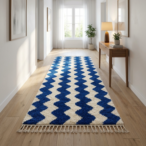 Modern Moroccan Wool Rug - High Pile Shaggy Texture - Vibrant Blue Geometric Wave Design