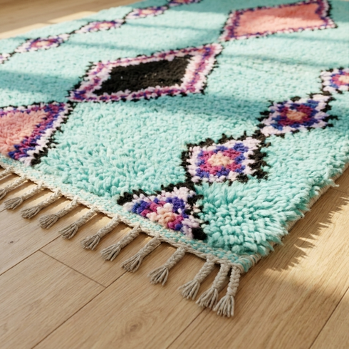 Boujaad Rug – Turquoise Shaggy Diamond Wool Area Rug