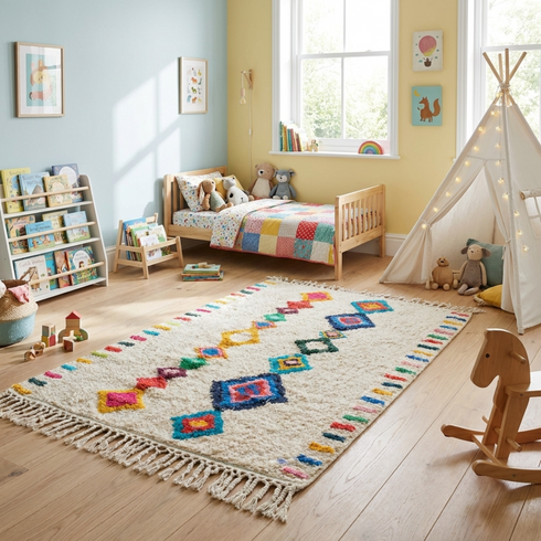 Authentic Handmade Azilal Rug – Shaggy Wool Moroccan Rug with Vibrant Geometric Boho Design