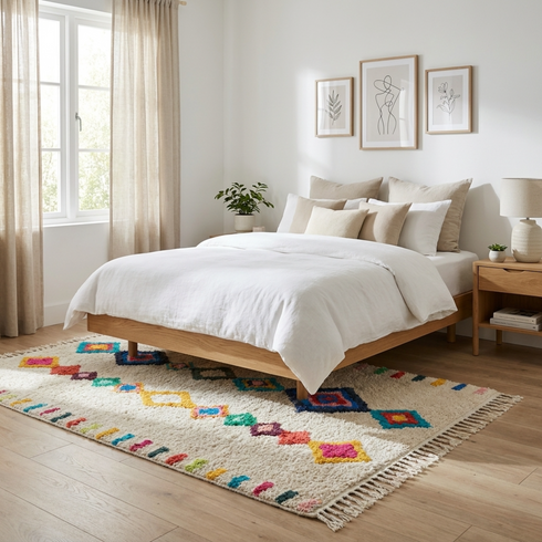 Authentic Handmade Azilal Rug – Shaggy Wool Moroccan Rug with Vibrant Geometric Boho Design