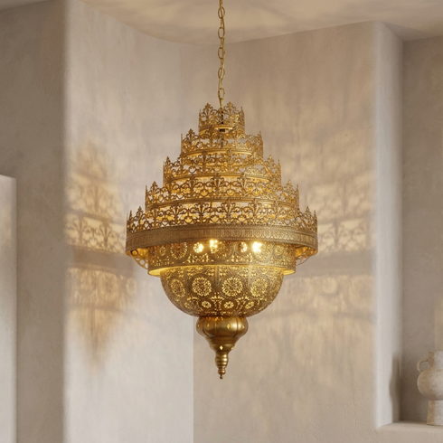 Authentic Handmade Moroccan Lamp – 100% Solid Brass Chandelier for Elegant Living Room Decor