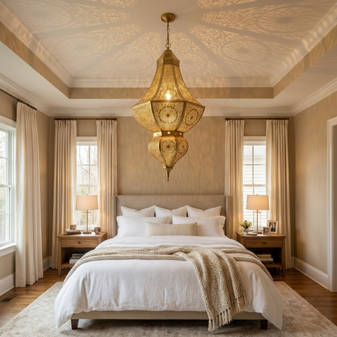 Moroccan Chandelier – Brass Filigree Openwork Shadow-Casting